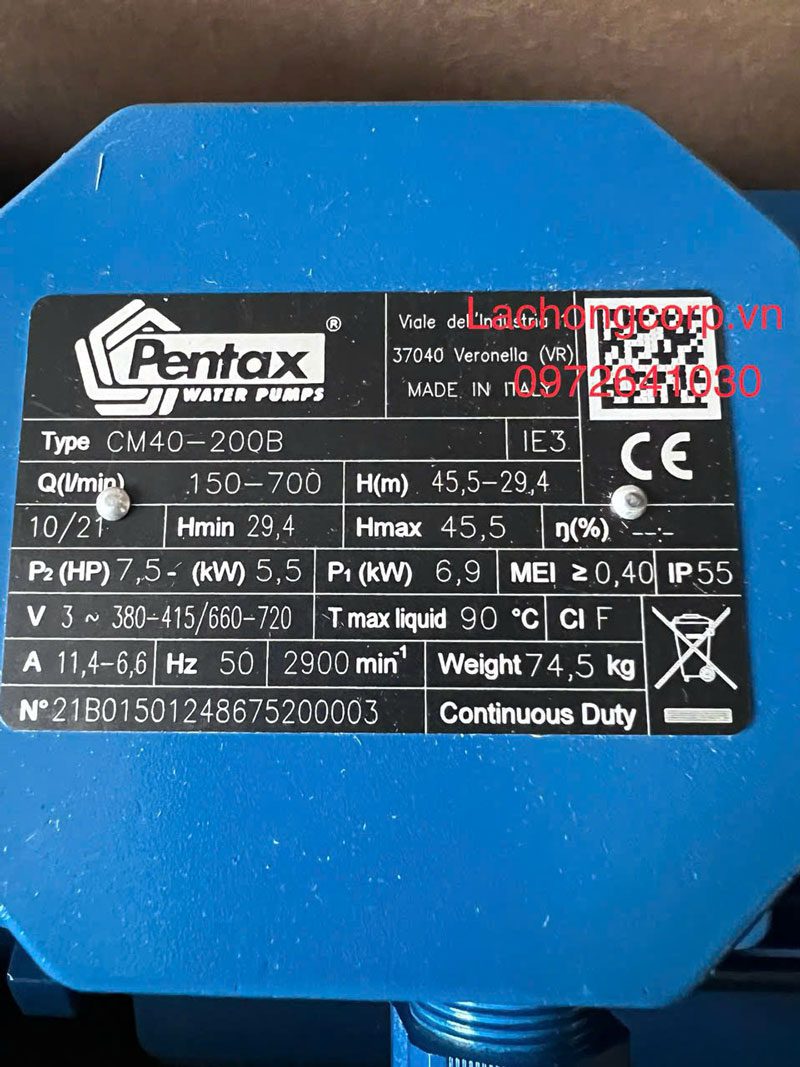 Thông số kỹ thuật bơm Pnetax CM40-200B Thông số kỹ thuật bơm Pnetax CM40-200B