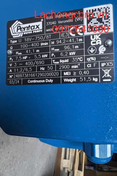 Alternative view of Máy bơm tăng áp trục đứng Pentax U18V-750/8T 7.5HP (5.5kW)