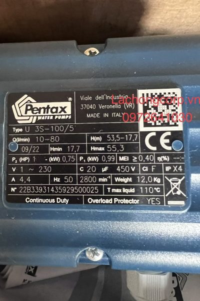 Máy bơm tăng áp trục ngang Pentax U3S-100/5