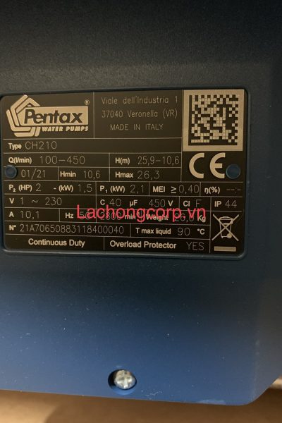 Bơm lưu lượng Pentax CH210 công suất 2HP (1.5kW)