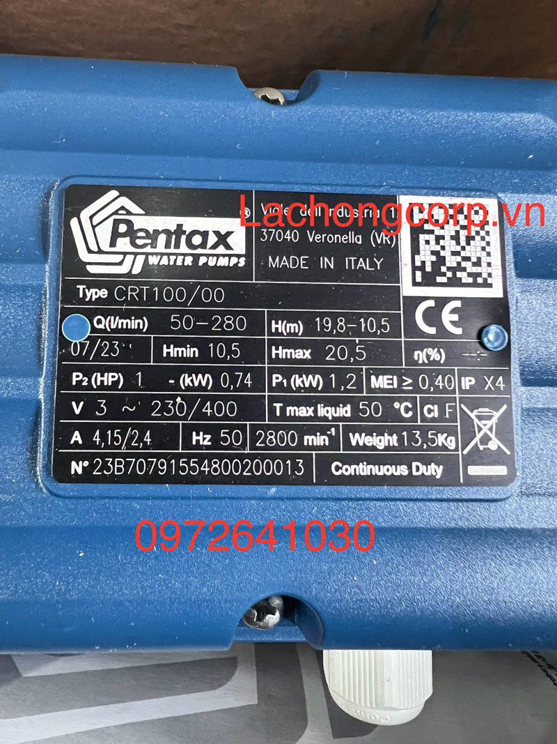 Thông số kỹ thuật máy bơm Pentax CRT100/00 Thông số kỹ thuật máy bơm Pentax CRT100/00