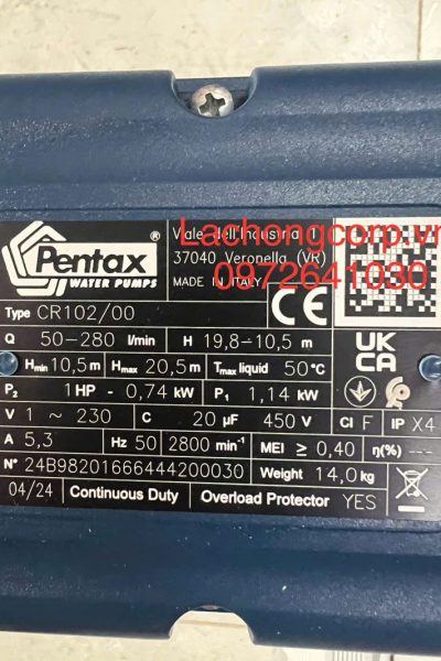 Alternative view of Máy bơm Pentax CR102/00 công suất 1HP (0.74kW)