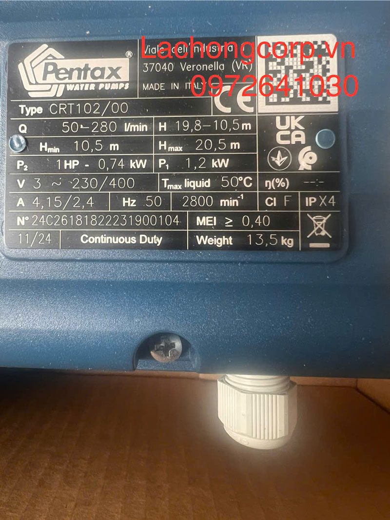 Thông số kỹ thuật máy bơm Pentax CRT102/00 Thông số kỹ thuật máy bơm Pentax CRT102/00
